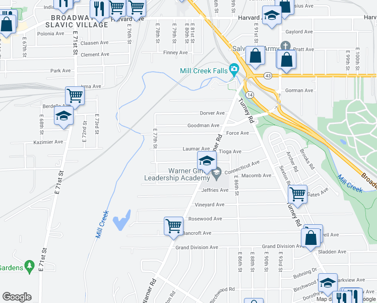 map of restaurants, bars, coffee shops, grocery stores, and more near 8108 Laumar Avenue in Cleveland