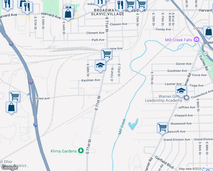 map of restaurants, bars, coffee shops, grocery stores, and more near 7116 Deveny Avenue in Cleveland