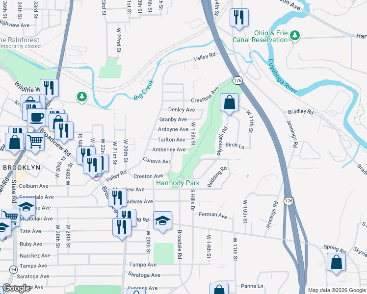 map of restaurants, bars, coffee shops, grocery stores, and more near 1505 Tarlton Avenue in Cleveland