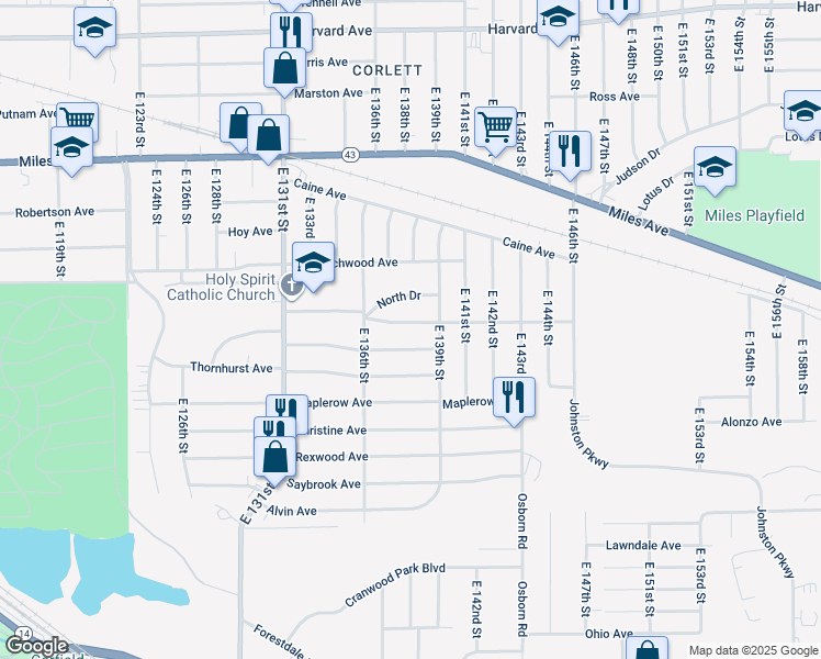 map of restaurants, bars, coffee shops, grocery stores, and more near 13722 Cranwood Drive in Garfield Heights