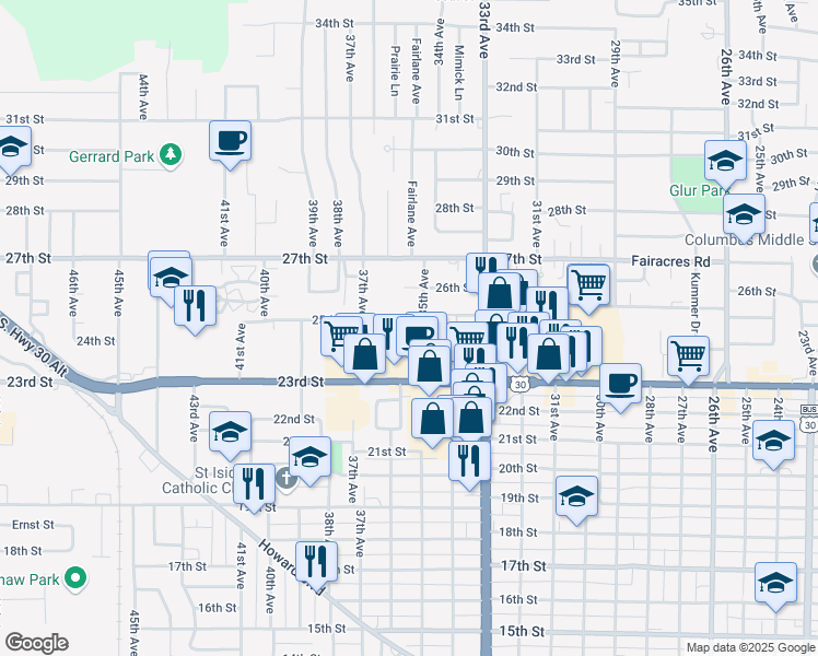 map of restaurants, bars, coffee shops, grocery stores, and more near 3542 23rd Street in Columbus