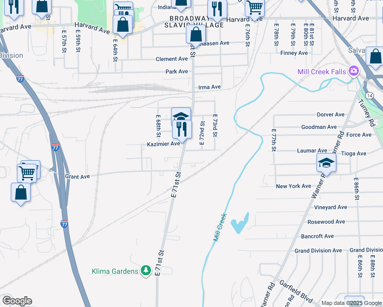 map of restaurants, bars, coffee shops, grocery stores, and more near 7116 Deveny Avenue in Cleveland