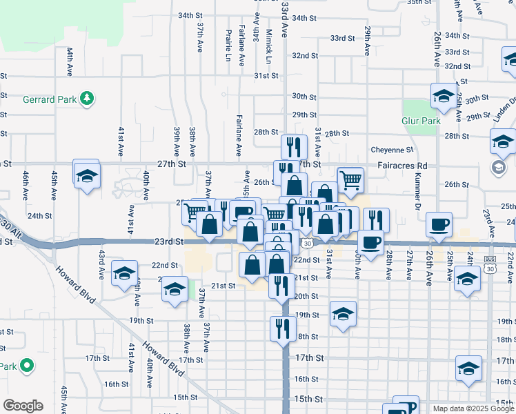 map of restaurants, bars, coffee shops, grocery stores, and more near 3399 25th Street in Columbus