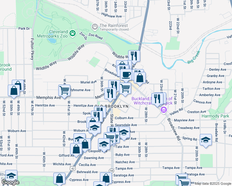 map of restaurants, bars, coffee shops, grocery stores, and more near 4240 Pearl Road in Cleveland