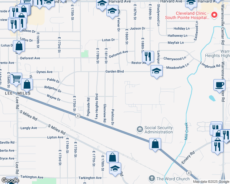 map of restaurants, bars, coffee shops, grocery stores, and more near 4410 Cranwood Parkway in Warrensville Heights