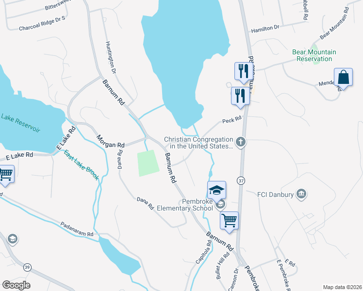 map of restaurants, bars, coffee shops, grocery stores, and more near 6 Marbil Road in Danbury