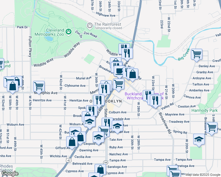 map of restaurants, bars, coffee shops, grocery stores, and more near 4240 Pearl Road in Cleveland