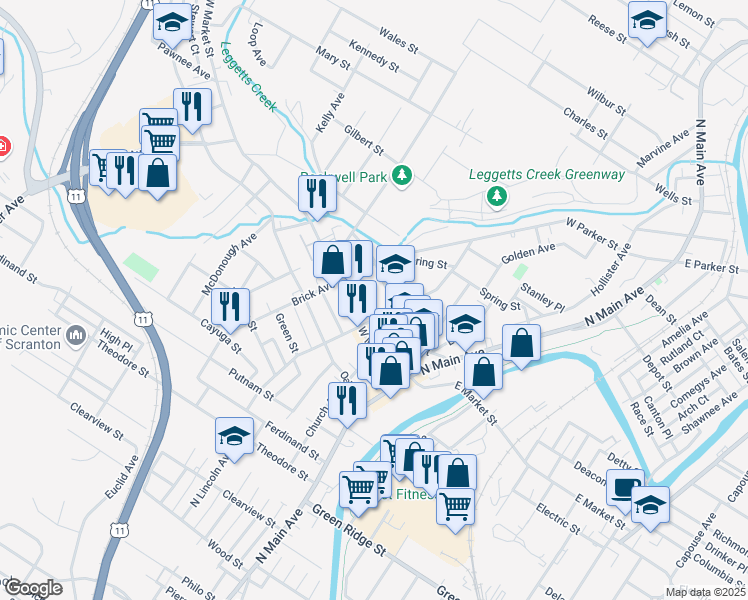 map of restaurants, bars, coffee shops, grocery stores, and more near 316 School Street in Scranton