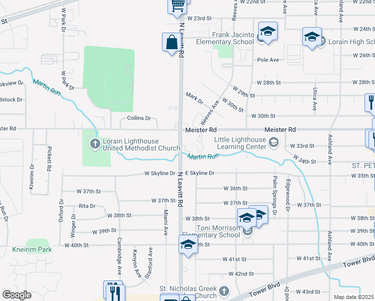 map of restaurants, bars, coffee shops, grocery stores, and more near 3295 Leavitt Road in Lorain