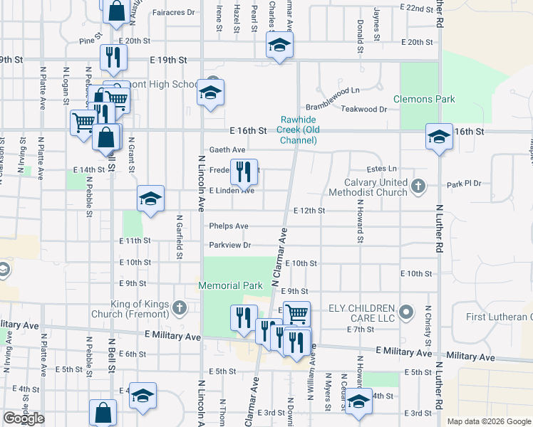 map of restaurants, bars, coffee shops, grocery stores, and more near 1823 East 12th Street in Fremont