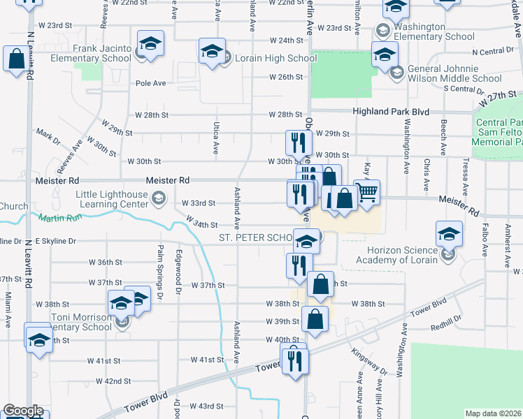 map of restaurants, bars, coffee shops, grocery stores, and more near 1311 West 33rd Street in Lorain