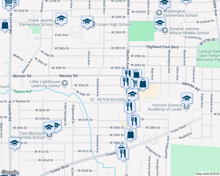 map of restaurants, bars, coffee shops, grocery stores, and more near 1311 West 33rd Street in Lorain