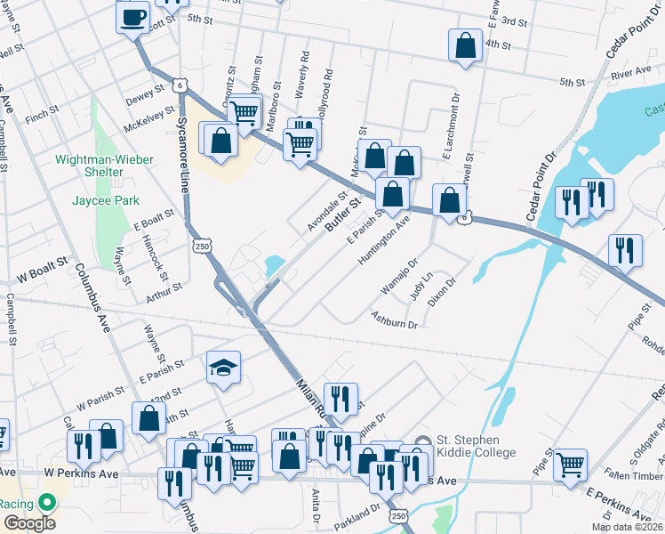 map of restaurants, bars, coffee shops, grocery stores, and more near 1304 East Parish Street in Sandusky