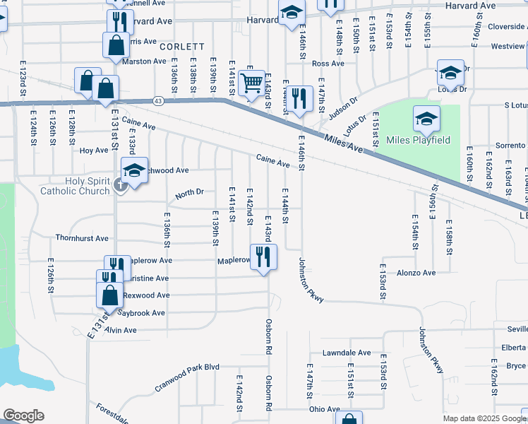 map of restaurants, bars, coffee shops, grocery stores, and more near 4384 East 143rd Street in Cleveland