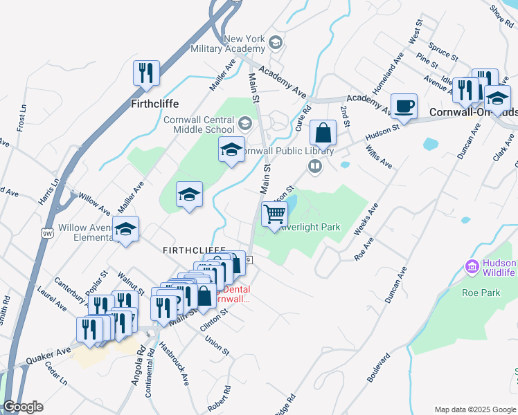 map of restaurants, bars, coffee shops, grocery stores, and more near Main Street in Cornwall