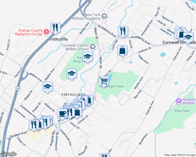 map of restaurants, bars, coffee shops, grocery stores, and more near Main Street in Cornwall