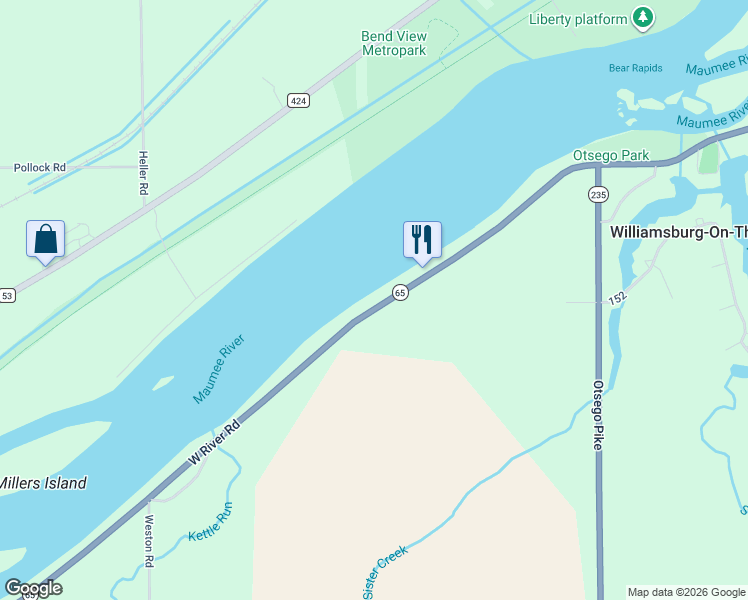 map of restaurants, bars, coffee shops, grocery stores, and more near 20520 West River Road in Bowling Green