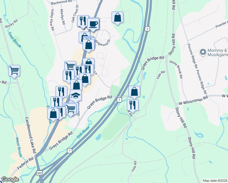 map of restaurants, bars, coffee shops, grocery stores, and more near 7 Old Grays Bridge Road in Brookfield