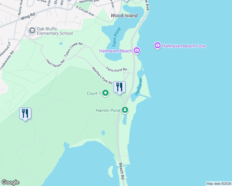 map of restaurants, bars, coffee shops, grocery stores, and more near 16 Martha's Park Road in Oak Bluffs