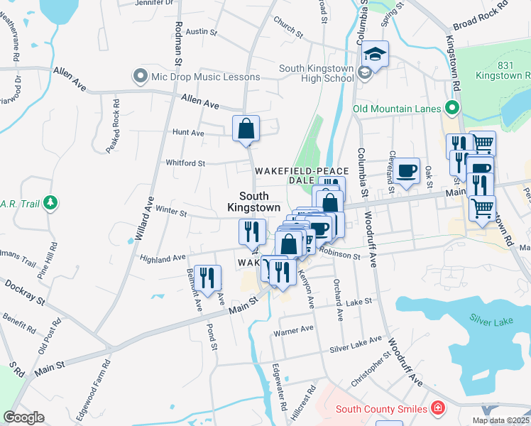 map of restaurants, bars, coffee shops, grocery stores, and more near 131 High Street in South Kingstown