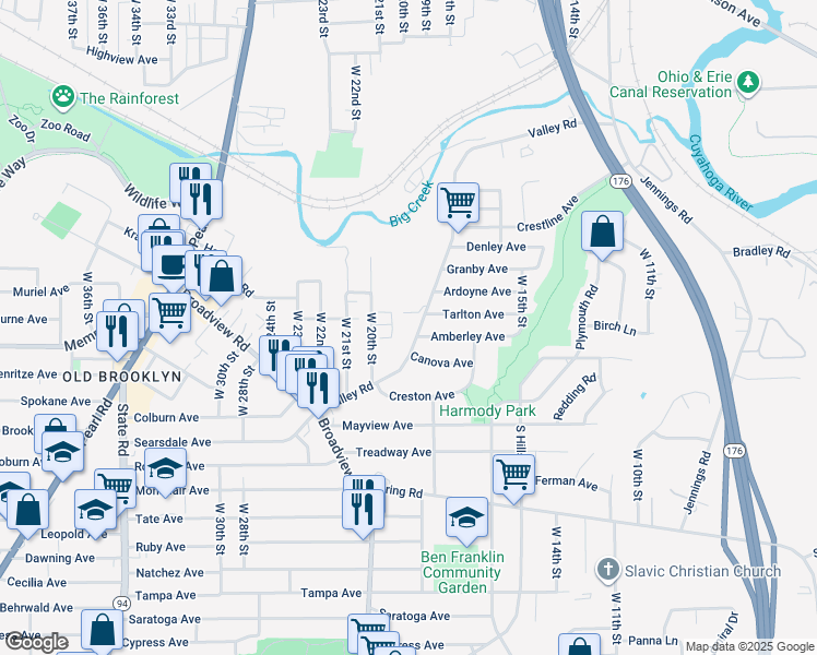 map of restaurants, bars, coffee shops, grocery stores, and more near 4150 Valley Road in Cleveland