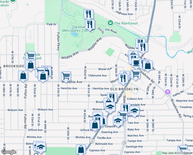map of restaurants, bars, coffee shops, grocery stores, and more near 3921 Clybourne Avenue in Cleveland