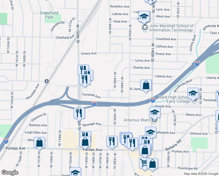 map of restaurants, bars, coffee shops, grocery stores, and more near 14512 Saint James Avenue in Cleveland