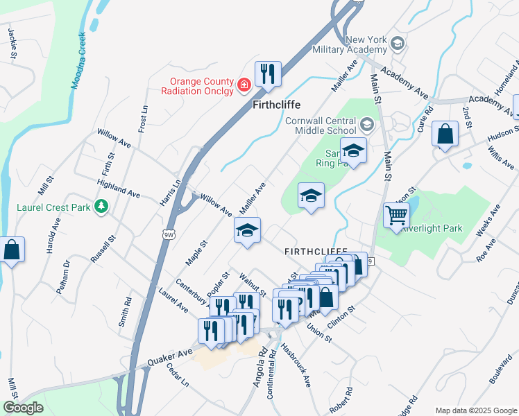 map of restaurants, bars, coffee shops, grocery stores, and more near 76 Willow Avenue in Cornwall