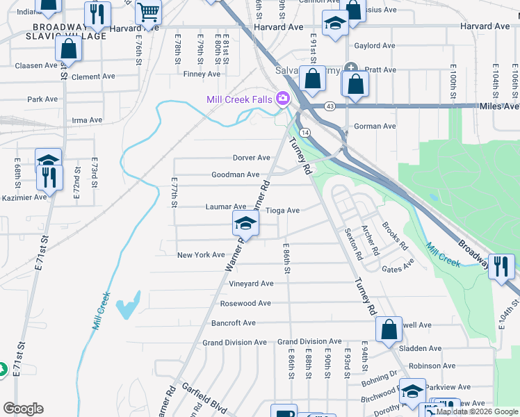 map of restaurants, bars, coffee shops, grocery stores, and more near 4368 Warner Road in Cleveland