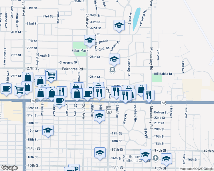 map of restaurants, bars, coffee shops, grocery stores, and more near 2298 25th Street in Columbus