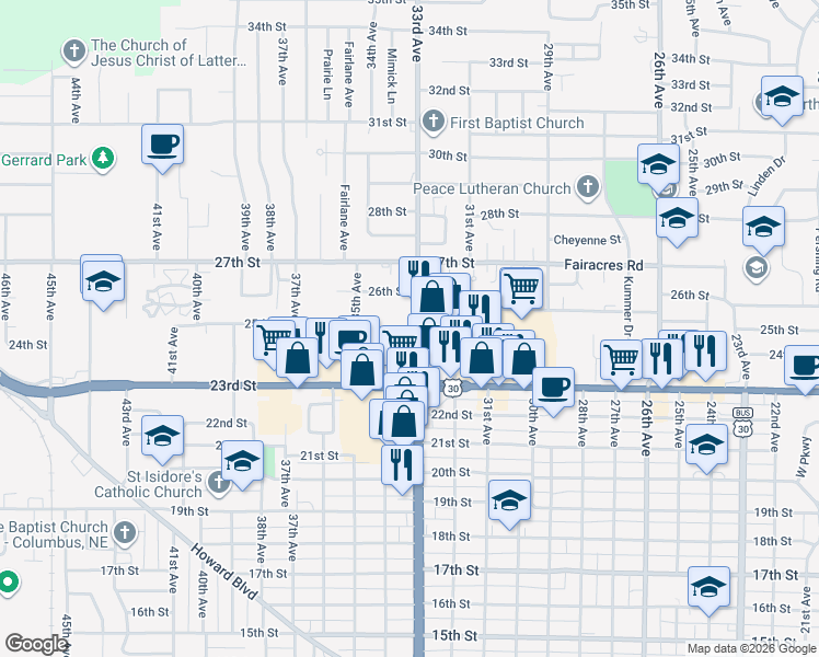 map of restaurants, bars, coffee shops, grocery stores, and more near 2472 33rd Avenue in Columbus