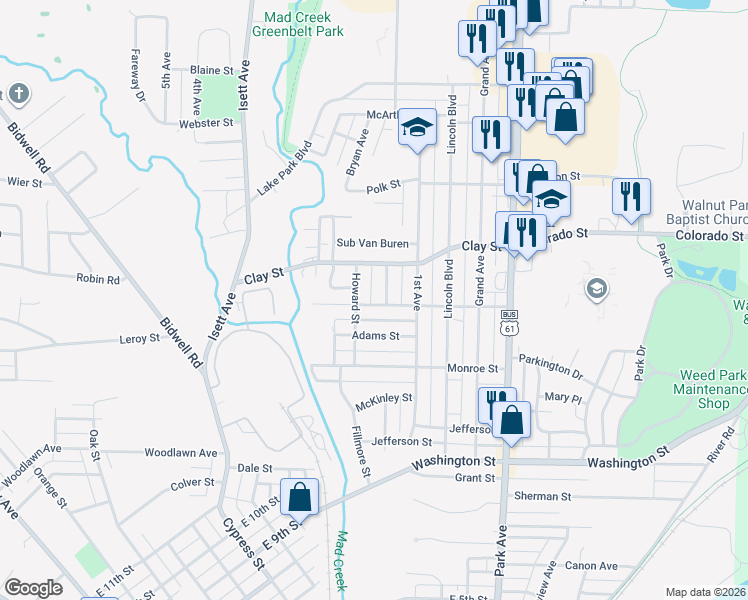 map of restaurants, bars, coffee shops, grocery stores, and more near 513 Jackson Street in Muscatine