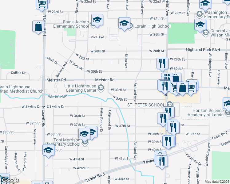 map of restaurants, bars, coffee shops, grocery stores, and more near 1481 West 33rd Street in Lorain