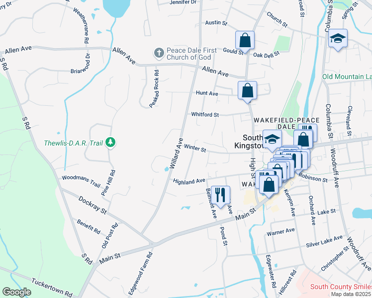 map of restaurants, bars, coffee shops, grocery stores, and more near 154 Winter St in South Kingstown