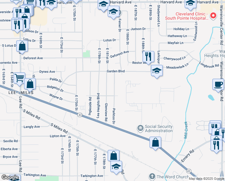 map of restaurants, bars, coffee shops, grocery stores, and more near 4400 Parkton Drive in Warrensville Heights
