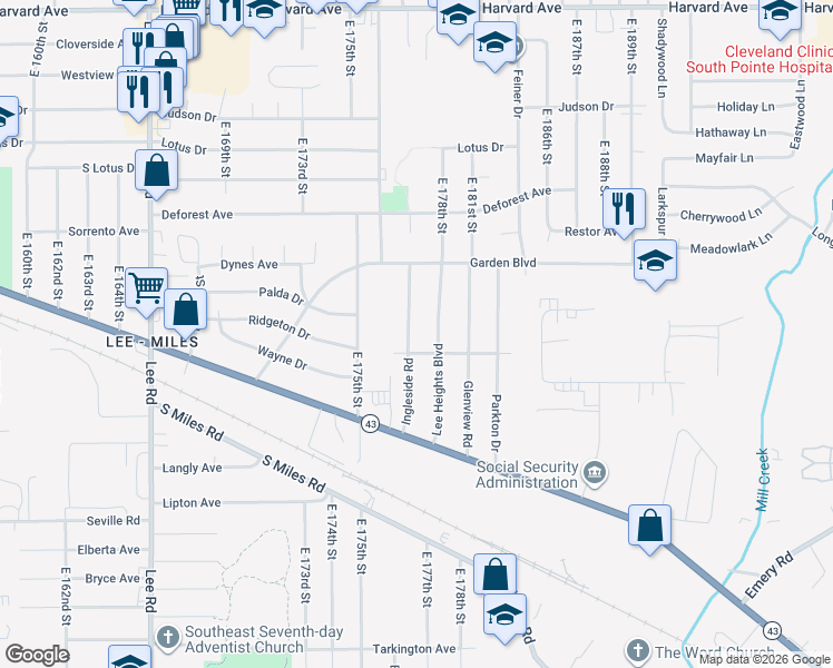 map of restaurants, bars, coffee shops, grocery stores, and more near 4400 Ingleside Road in Warrensville Heights