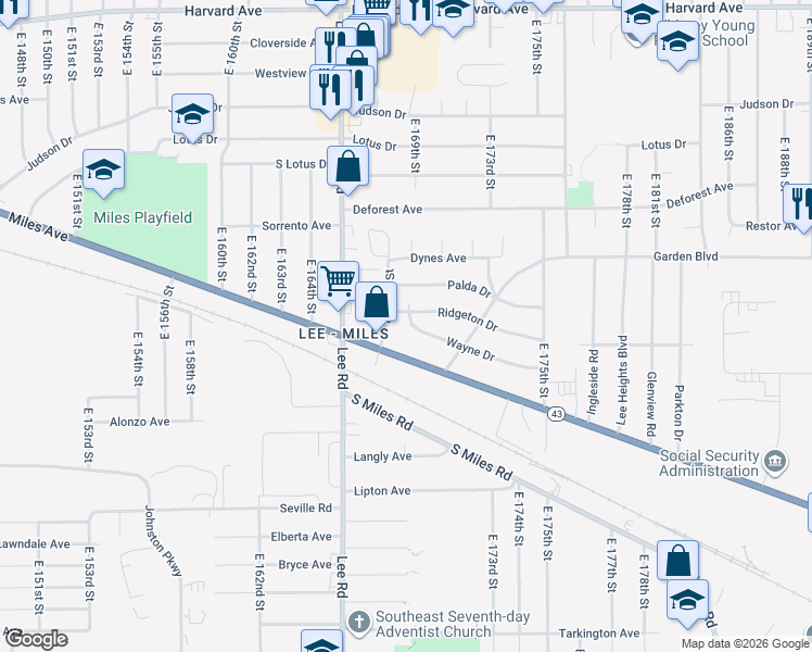 map of restaurants, bars, coffee shops, grocery stores, and more near 16810 Wayne Drive in Cleveland