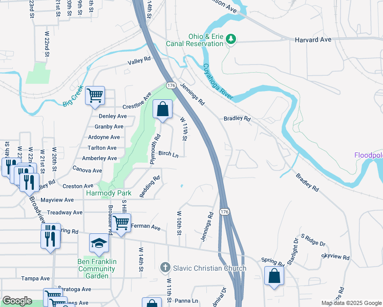 map of restaurants, bars, coffee shops, grocery stores, and more near 1088 Birch Ln in Cleveland