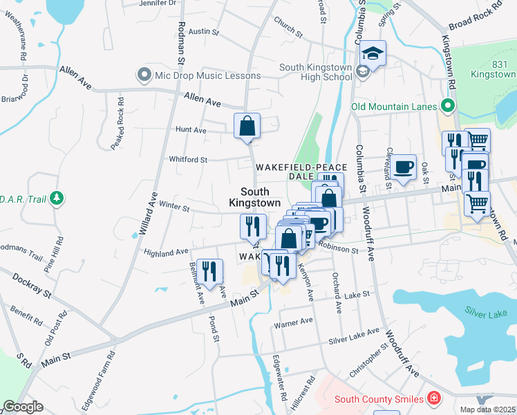 map of restaurants, bars, coffee shops, grocery stores, and more near 131 High Street in South Kingstown
