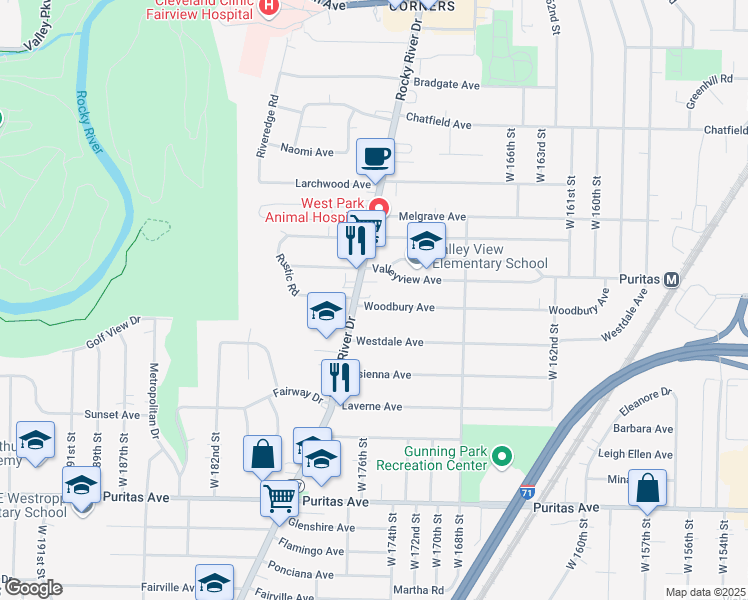 map of restaurants, bars, coffee shops, grocery stores, and more near 17502 Woodbury Avenue in Cleveland