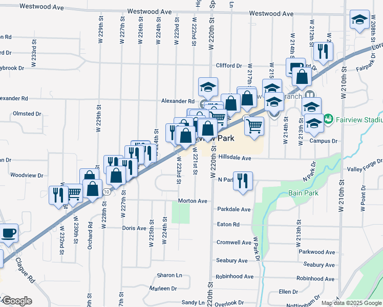 map of restaurants, bars, coffee shops, grocery stores, and more near 4492 West 221st Street in Fairview Park