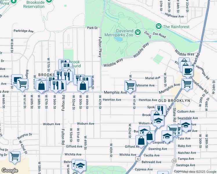 map of restaurants, bars, coffee shops, grocery stores, and more near 4261 Fulton Parkway in Cleveland