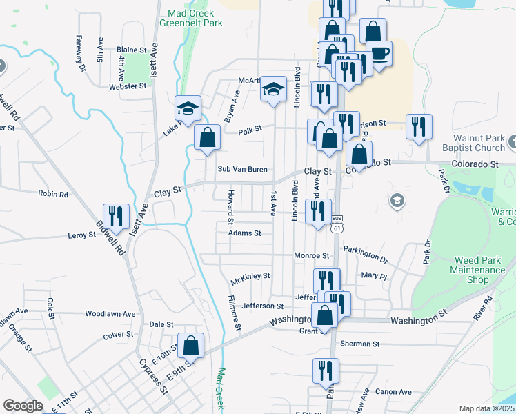 map of restaurants, bars, coffee shops, grocery stores, and more near 1404 1st Avenue in Muscatine