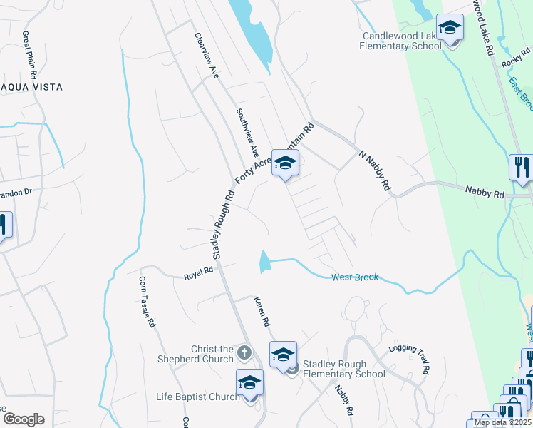 map of restaurants, bars, coffee shops, grocery stores, and more near 8 Lily Drive in Danbury