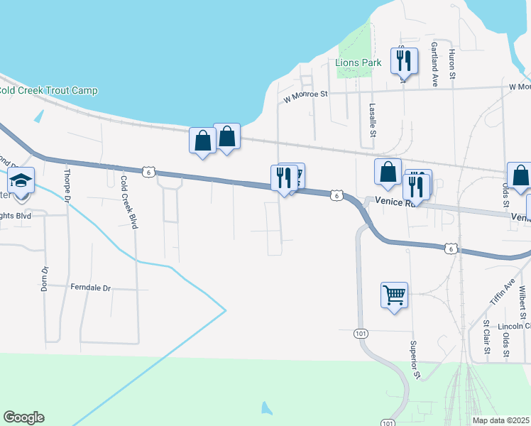 map of restaurants, bars, coffee shops, grocery stores, and more near 1408 Sagamore Street in Sandusky