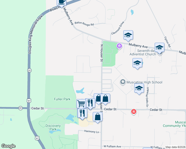 map of restaurants, bars, coffee shops, grocery stores, and more near 3408 Spinning Wheel Court in Muscatine