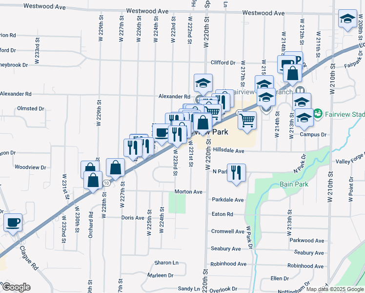 map of restaurants, bars, coffee shops, grocery stores, and more near 4492 West 221st Street in Fairview Park