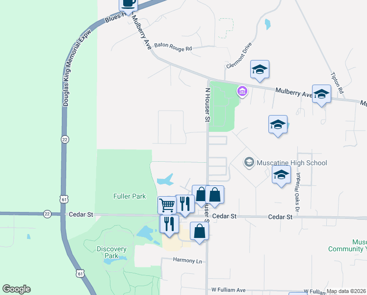 map of restaurants, bars, coffee shops, grocery stores, and more near 3408 Spinning Wheel Court in Muscatine