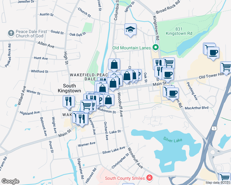 map of restaurants, bars, coffee shops, grocery stores, and more near 204 Main Street in South Kingstown