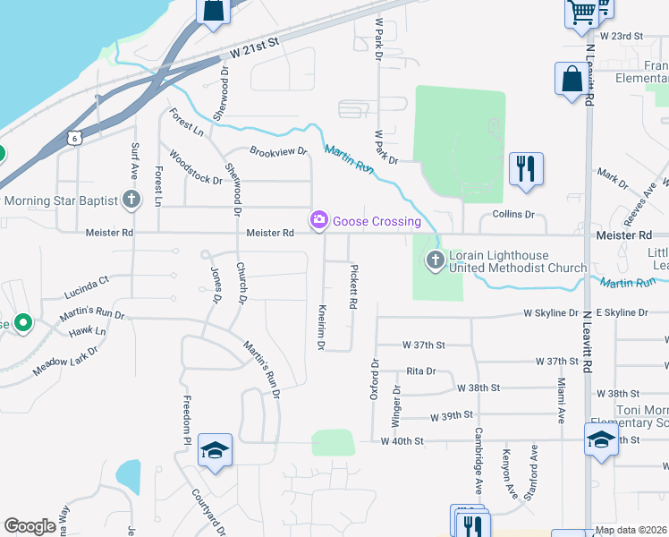 map of restaurants, bars, coffee shops, grocery stores, and more near 3305 Kneirim Drive in Lorain